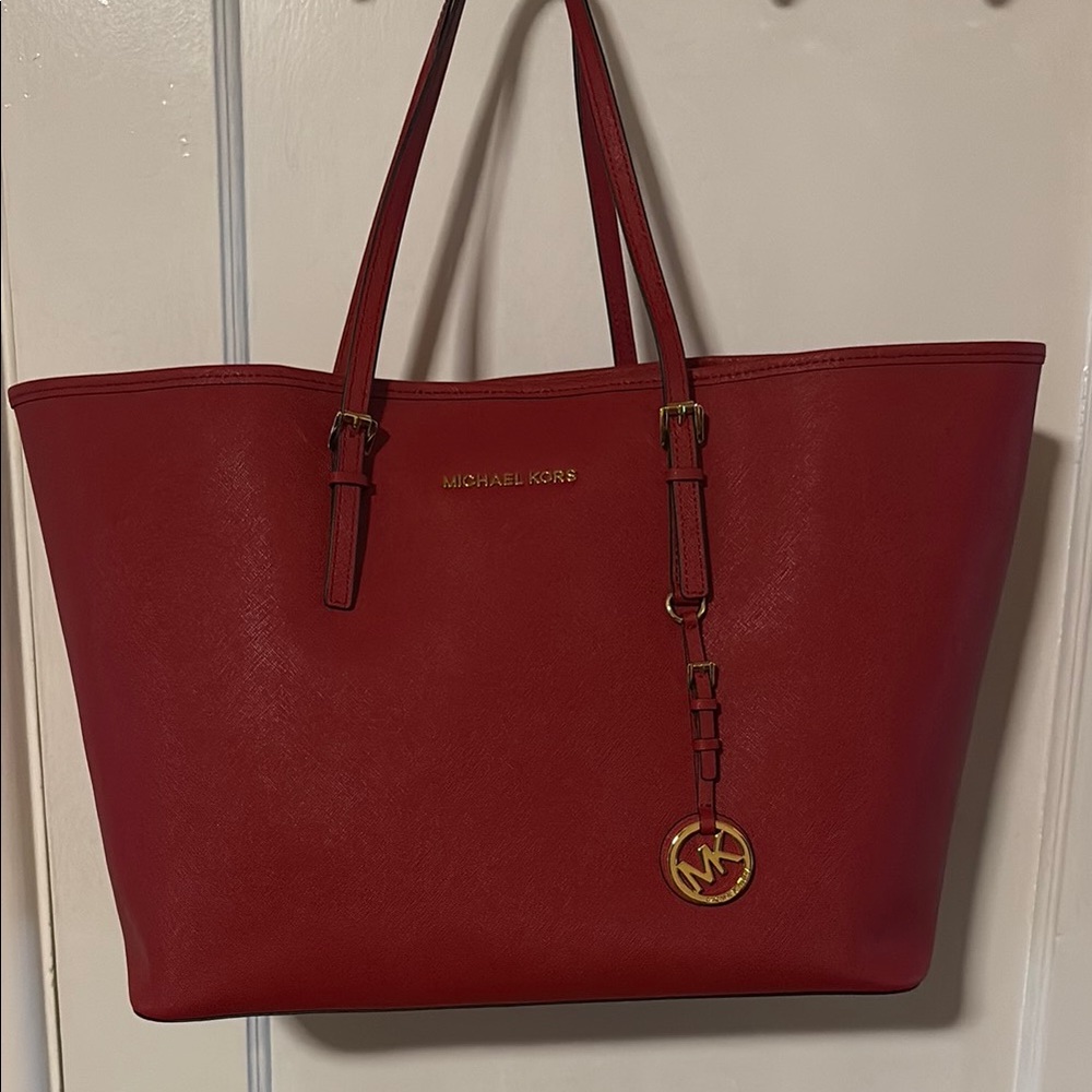 NWT Michael Kors Red Saffiano Leather Tote with Gold Accents
